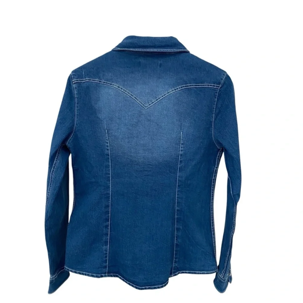 True Religion Chambray Western Denim Shirt Shacket Dark‎ Pearl Snap Button New M - Picture 10 of 13